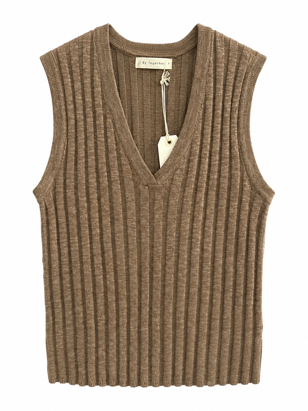By Together Taupe Brown Ribbed V-Neck Knit Vest